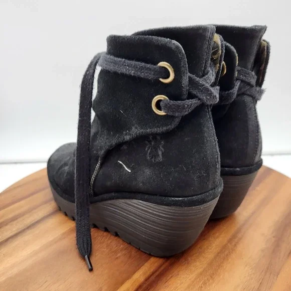 Fly London Ankle Boot Womens 7.5 / 8 Yama Black Suede Wedge Lace-up Back Booties - Picture 9 of 16